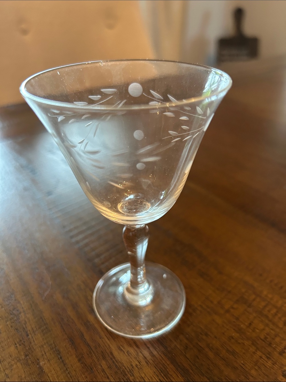 Vintage Etched Glass Wine Goblets Leaves/Circles Set of Six (6)